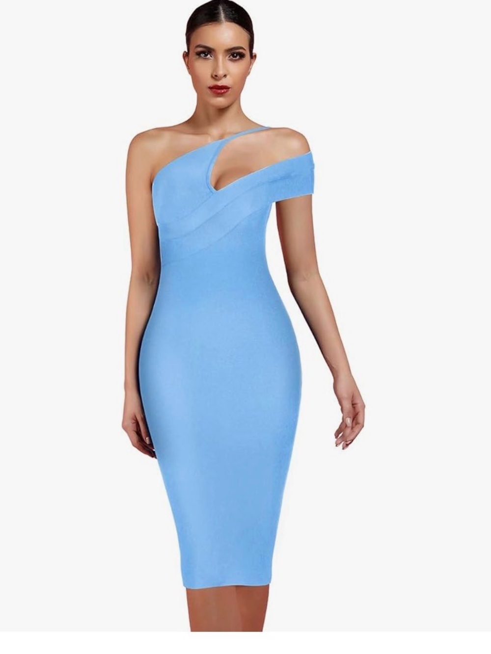 Asymmetrical One-Shoulder Sky Blue Bodycon Dress